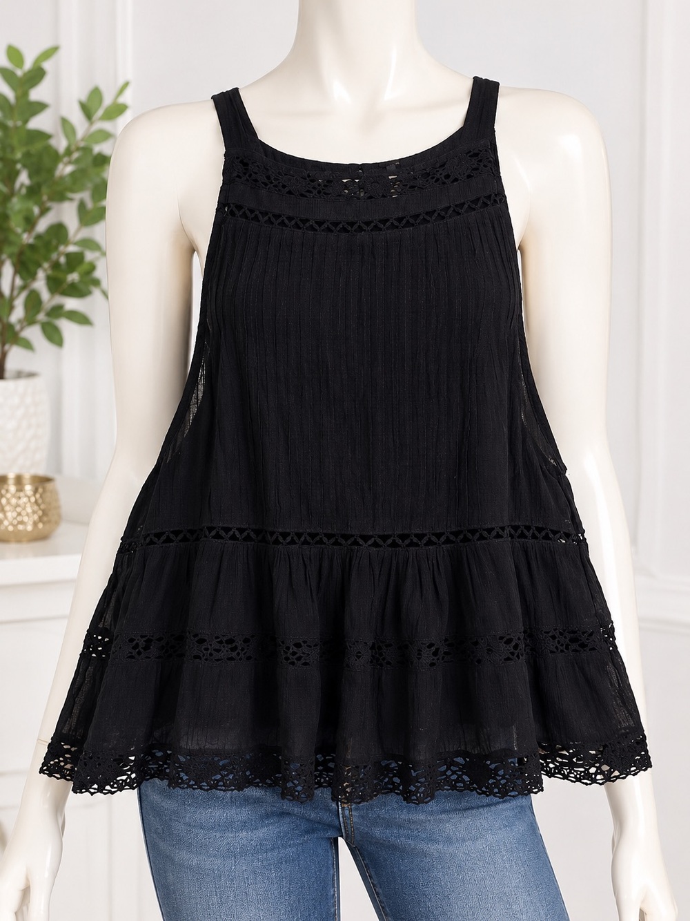Free People Black Lace-Trim Flowy Tank